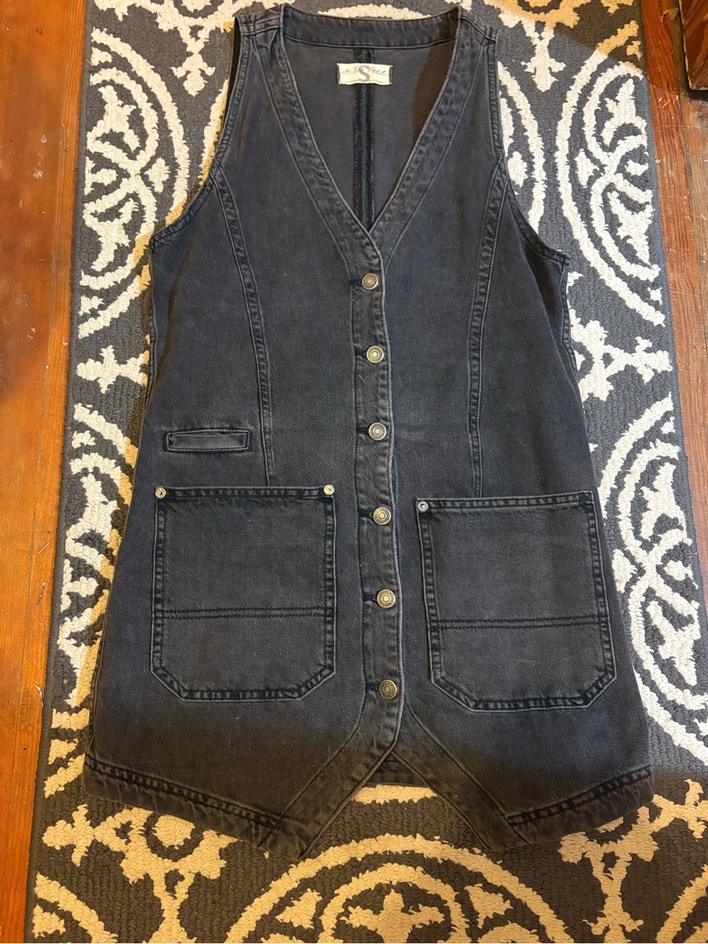 Womens free people mini dress washed black Denim Button-Front